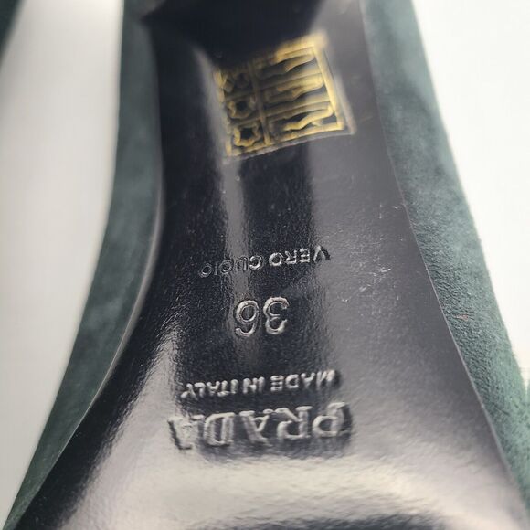 Prada Heel Pumps Shoes Donna Calzature Green Black Suede Cap Toe Sz 6 36 Used - Picture 9 of 10